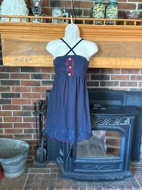 Rewind Navy Blue Strapless Smocked Back Dress with Embroidery and Buttons